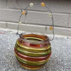 Amber‎ green glass candle holder lantern w/beaded wire handle boho rustic decor